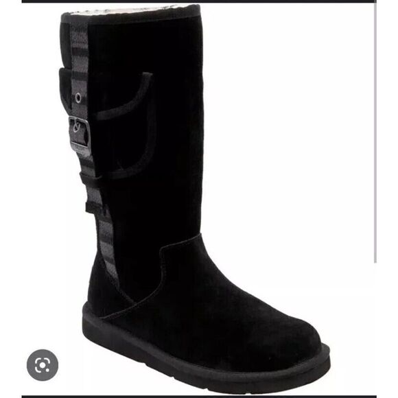 UGG Boots Black Cargo Boots Tall Leather Sheepskin Suede Winter Warm Boots 7 - Picture 1 of 10
